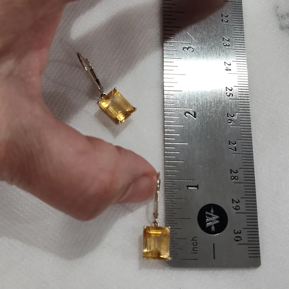 14k White Gold Emerald Cut Citrine Leverback Earrings - Picture 12 of 15